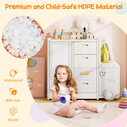 Costzon Kids Toy Storage Organizer w/ 4 Pull-Out Drawers Enclosed Cabinets & Drawing Board