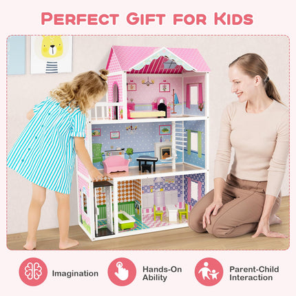 Costzon Wooden Dollhouse for Kids, 3-Story Semi-Open Doll House with 5 Rooms & 10 Pieces Furniture Set