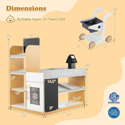 Costzon Grocery Store Pretend Play, Wooden Play Store with Shopping Cart( 31" x 23" x 35"）