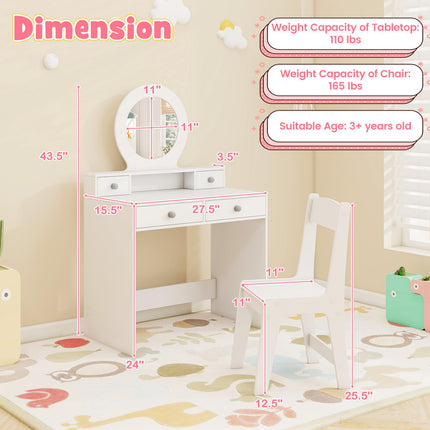 Costzon Kids Vanity, Princess Makeup Dressing Desk with Mirror and Stool, 4 Storage Drawers