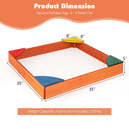Costzon Kids Wooden Sandbox Wood Cedar Square Sand Box with 4 Colorful Built-in Corner Seating