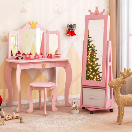 Costzon Kids Vanity & Jewelry Armoire Cabinet, Kids Vanity Table and Chair Set
