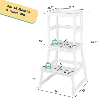 Costzon Kids Kitchen Step Stool with Safety Rail, 2 in 1 Solid Wood Montessori Learning Stool Standing Helper