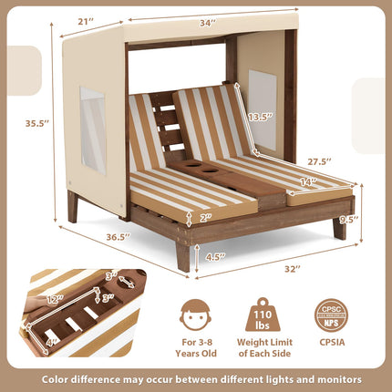 Costzon Kids Lounge Chair Outdoor, Wood Double Seat Chaise Lounge with Canopy, Cup Holders