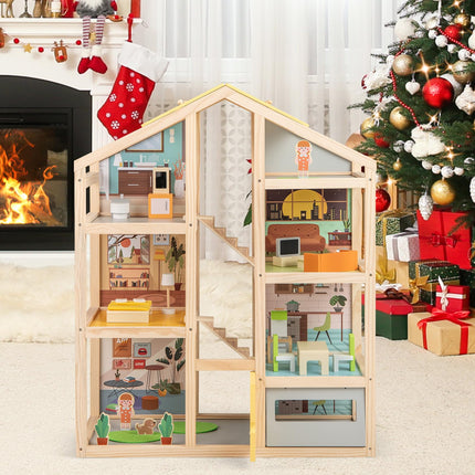 Costzon Wooden Dollhouse for Kids Modern Family Pretend Playhouse