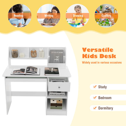 Costzon Kids Study Desk, Wooden Writing Table w/Keyboard Tray, Hutch, Drawer, Storage Shelves
