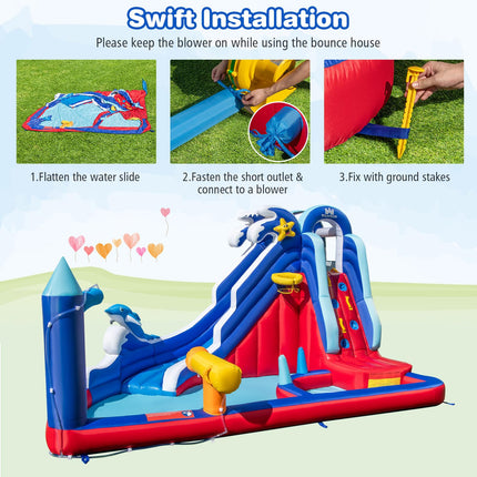 BOUNTECH Inflatable Water Slide, Dolphin Themed Kids Waterslide Park for Outdoor Fun