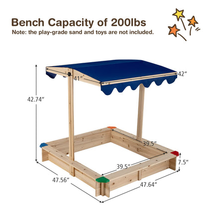 Costzon Kids Wooden Sandbox with Canopy, Square Cabana Sandbox with Ground Liner