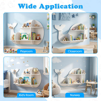 Costzon Wooden Whale-Shaped Wall Shelf | Floating Bookshelf with 6 Open Shelves