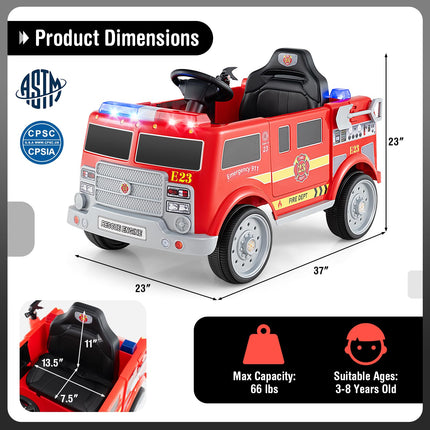 Costzon Kids Ride on Fire Truck, 12V Battery Powered Fire Car w/Remote Control, Extinguisher