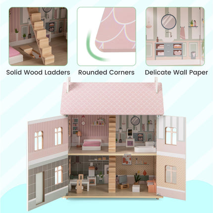 Costzon Wooden Dollhouse for Kids, 3-Level Dollhouse Playset with Double-Sided Roofs