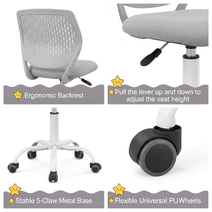 Costzon Armless Height Adjustable Kids Computer Chair Ergonomic Backrest & Stable 5-Point Wheels