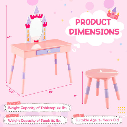 Costzon Kids Vanity Set, Girls Vanity Set with Mirror and Stool, Princess Makeup Dressing Table