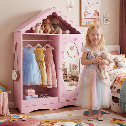 Costzon Kids Dress Up Storage with Mirror Roofed Wardrobe Closet