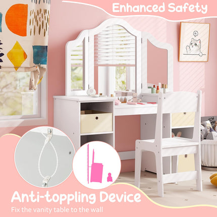 Costzon Kids Vanity, 2 in 1 Princess Makeup Desk & Chair Set with Tri-Folding Mirror, 4 Storage Bins