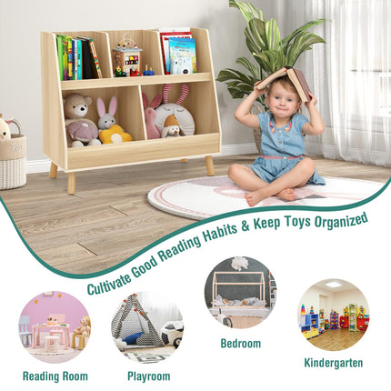 Costzon Toy Organizers and Storage with Bookshelf, 5 Cubbies Wooden Toy Cabinet and Montessori Bookcase with Solid Legs