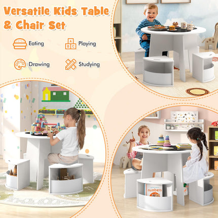 Costzon Kids Table and Chairs, 5 Pieces Children Round Table w/ 4 Storage Stools & Chalkboard Tabletop for Activity