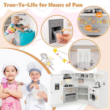 Costzon Kids Corner Kitchen Playset, Wooden Play Kitchen, Little Chef Pretend Cooking Toy Set