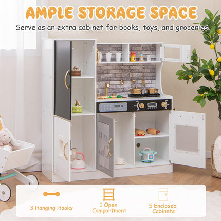 Costzon Play Kitchen for Kids, Wooden Toy Kitchen Set with Stoves, Microwave, Blackboard, Water Dispenser, Telephone