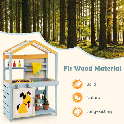 Costzon Mud Kitchen, 3-in-1 Double-Sided Kids Kitchen, BBQ Grill & Grocery Playset with Sink, Faucet