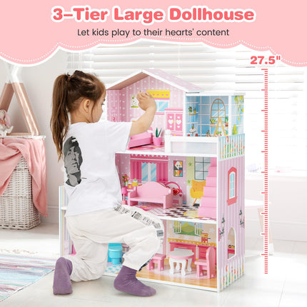 Costzon Wooden Dollhouse for Kids, 3-Story Semi-Open Doll House with 5 Rooms & 10 Pieces Furniture Set