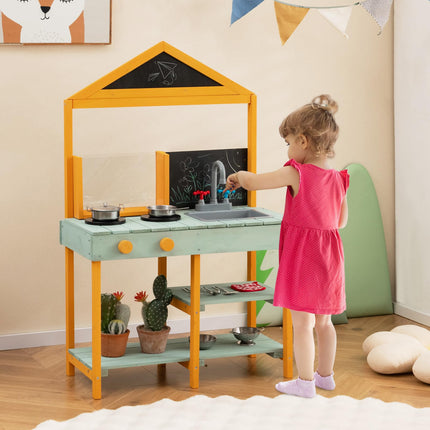 Costzon Mud Kitchen, Wooden Kids Kitchen Playset with See-Through Planter Box, Blackboard
