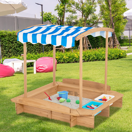 Costzon Kids Wooden Sandbox with Canopy & 2 Toy Storage Boxes