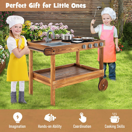 Costzon Mud Kitchen, Outdoor Play Kitchen with Sink, Faucet, Stoves and Cooking Accessories