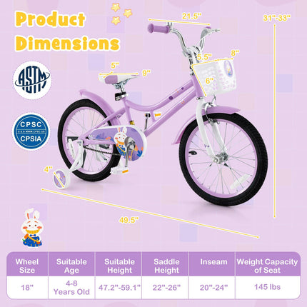 Costzon Kids Bike, 18 Inch Child Bicycle w/Removable Training Wheels, Storage Basket, Adjustable Seat