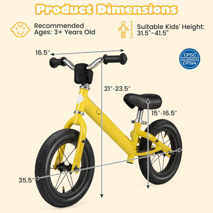 Costzon Toddler Balance Bike, No Pedal 12” Training Bicycle for 3+ Years Old Kids with Rubber Tires and Height Adjustable Handlebar & Seat