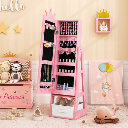 Costzon Kids Jewelry Armoire, 45.5" Standing Jewelry Cabinet with Full-Length Mirror