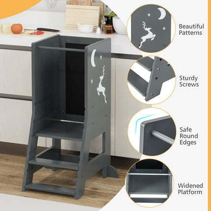 Costzon Toddler Tower, Wooden Kids Kitchen Stool Helper with Height Adjustable Platform, Safety Rail