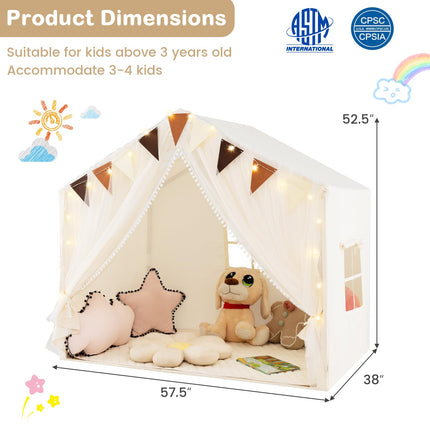 Costzon Kids Tent, Large Toddler Play Tent w/Fabric Screen Curtains, Star Lights, Plaid Pennants, 57.5" x 38" x 52.5"