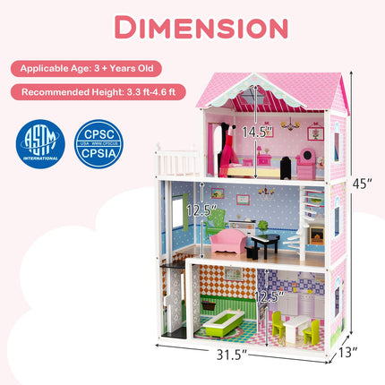 Costzon Wooden Dollhouse for Kids, 3-Story Semi-Open Doll House with 5 Rooms & 10 Pieces Furniture Set