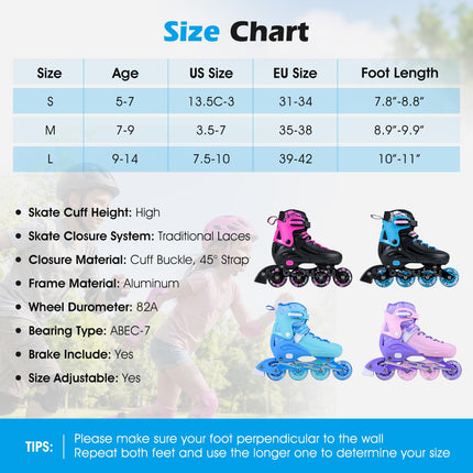 Inline Skates 4-Size Adjustable Light-up Wheels Fun Illuminating Roller Skates