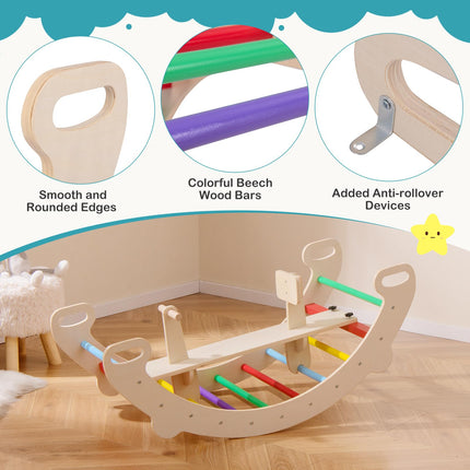 Costzon Wooden Rocking Toys for Toddlers, 4-in-1 Montessori Wooden Arch Climber Ladder Structure