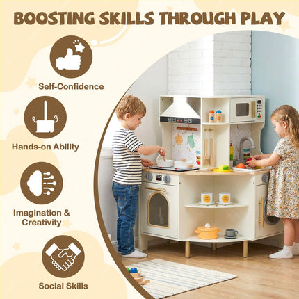 Costzon Corner Play Kitchen Wooden Toy Cooking Set
