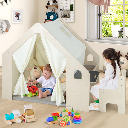 Costzon 6-in-1 Kids Tent, Large Wooden Frame Playhouse with Table and Chair Set