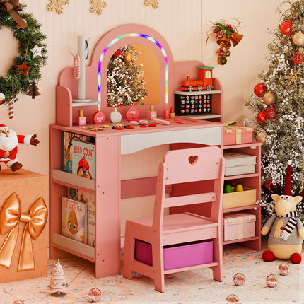 Costzon Wooden Kids Vanity Table and Chair Set with Lighted Mirror Bookshelf Jewelry Storage