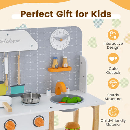 Costzon Kids Kitchen Playset, Wooden Pretend Little Chef Cooking Toy Set with Sink, Faucet, Stove