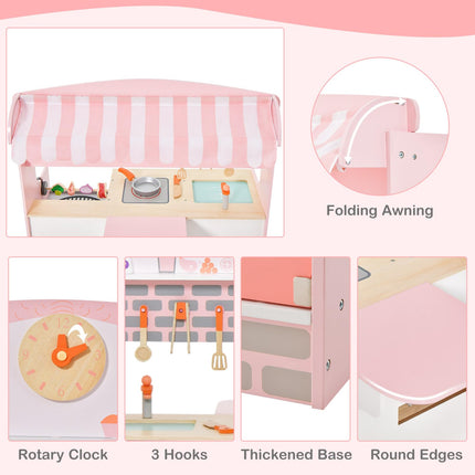 Costzon Double-Sided Play Kitchen & Restaurant Toy Set, 2 in 1 Wooden Pretend Diner Set