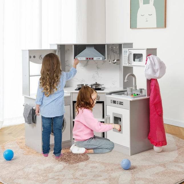 Costzon Kids Corner Kitchen Playset, Wooden Play Kitchen, Little Chef Pretend Cooking Toy for Toddlers 3+