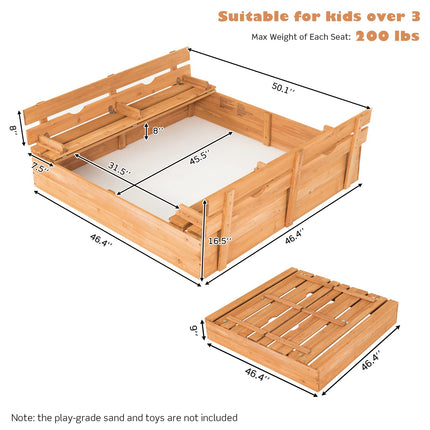 Costzon Kids Sandbox with Lid, 47 x 47in Sand Pit w/ 2 Convertible Bench Seats & Protective Bottom Liner