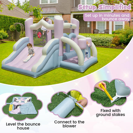 Inflatable Bounce House, White Pink Dream Cotton Bouncy House for Kids 5-12 Indoor Outdoor Backyard Fun w/Wide Slide