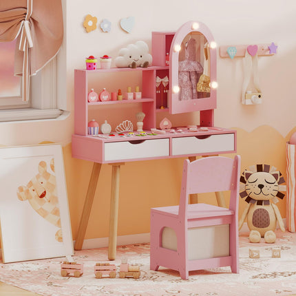 Costzon Kids Vanity with Lights Wooden Kids Vanity Table and Chair Set