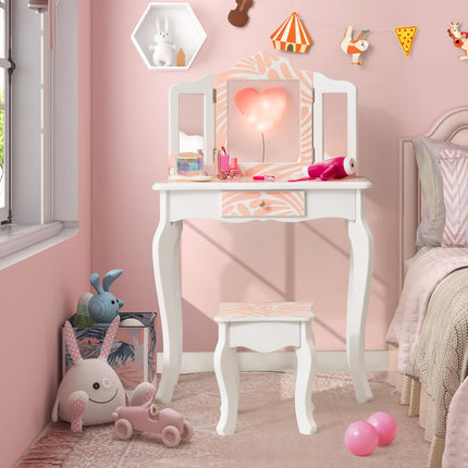Costzon Kids Vanity Table and Chair Set, Girls Vanity Set with Mirror and Stool, Pretend Play Vanity Set for Little Girls