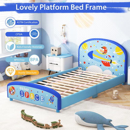 Costzon Twin Bed Frames for Kids, Wood Upholstered Twin Bed Platform with Slat Support, Fits Standard Twin Mattress
