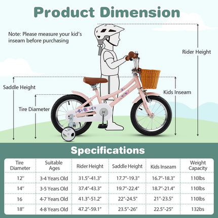 Costzon Kids Bike, 14 Inch Retro Child Bike for 3-5 Years Old with Adjustable Height, Training Wheels