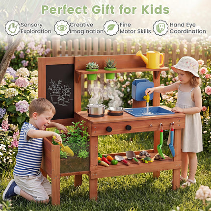 Costzon Mud Kitchen | Solid Wood Toddler Role Play Toy w/Planter Box