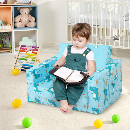 Costzon Kids Sofa, 2 in 1 Flip Open Couch w/Sturdy Sponge Construction, Velvet Fabric, Storage Pockets, Toddler(Crocodile)